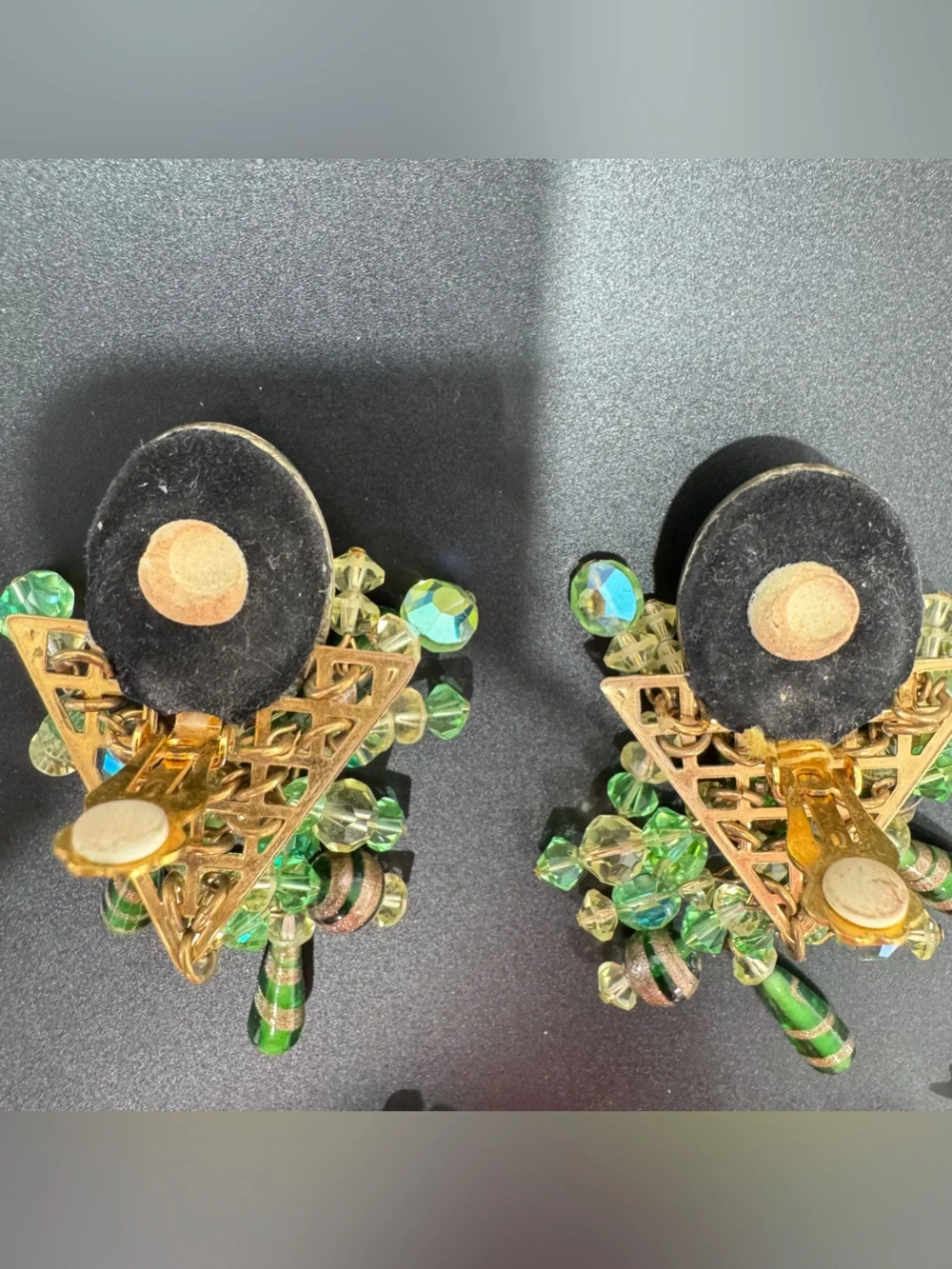 Bohemian Gold Foil Green Cabochon Beaded Chandelier AB Crystal Clip Earrings